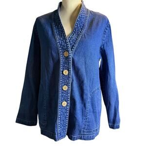 TravelSmith Vintage Denim Chore Jacket, Kimono Style Wood Buttons, Size Medium